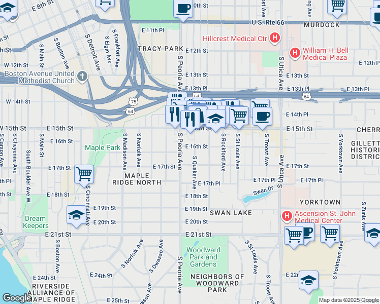 map of restaurants, bars, coffee shops, grocery stores, and more near 1326 East 15th Street in Tulsa