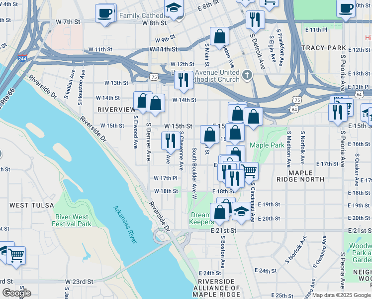 map of restaurants, bars, coffee shops, grocery stores, and more near 1601 South Cheyenne Avenue in Tulsa