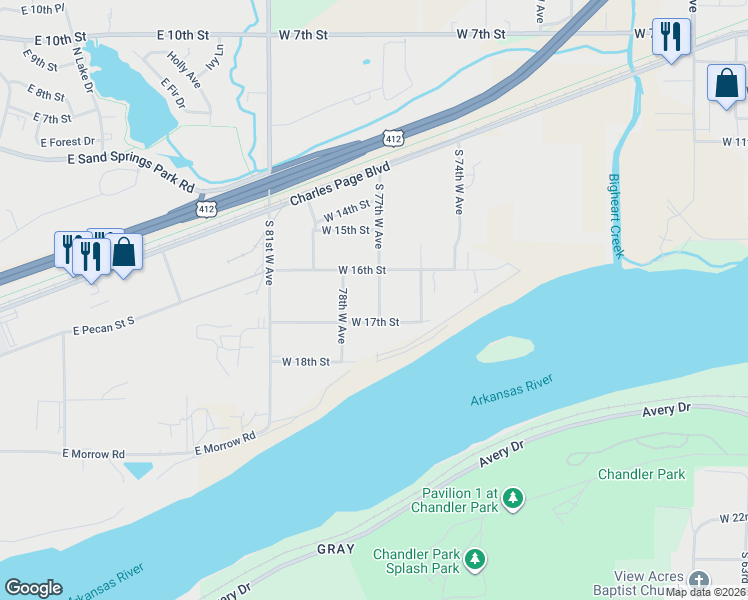 map of restaurants, bars, coffee shops, grocery stores, and more near 7718 West 16th Street in Tulsa