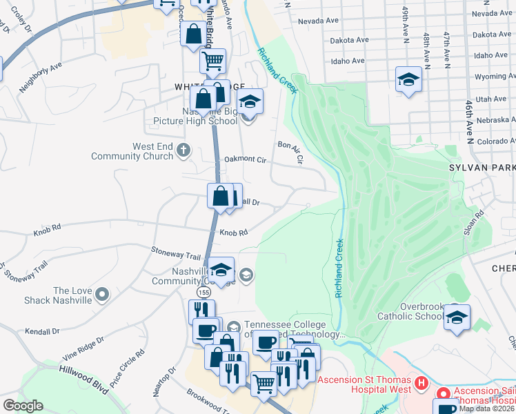 map of restaurants, bars, coffee shops, grocery stores, and more near 5522 Kendall Drive in Nashville