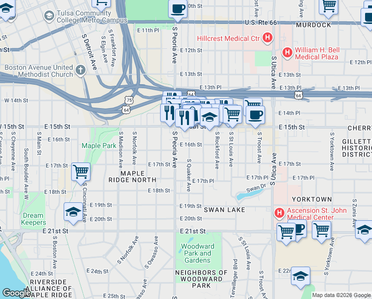 map of restaurants, bars, coffee shops, grocery stores, and more near 1326 East 15th Street in Tulsa