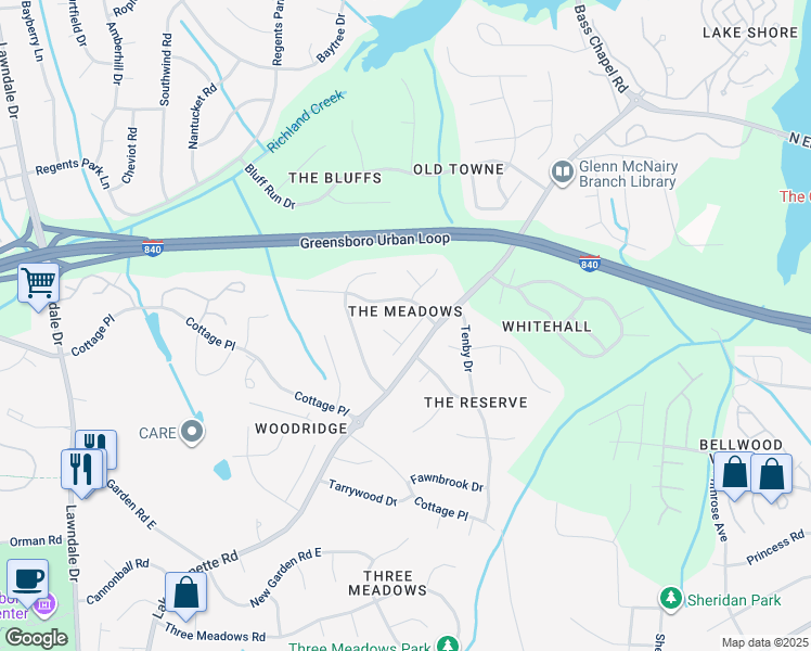 map of restaurants, bars, coffee shops, grocery stores, and more near 6 Crestbrook Court in Greensboro
