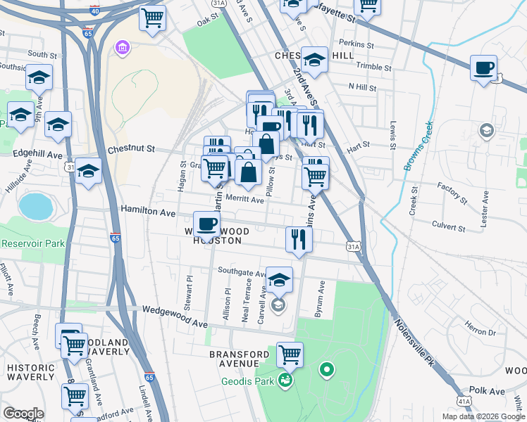 map of restaurants, bars, coffee shops, grocery stores, and more near 509 Merritt Avenue in Nashville