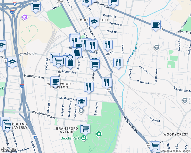 map of restaurants, bars, coffee shops, grocery stores, and more near 1411 4th Avenue South in Nashville