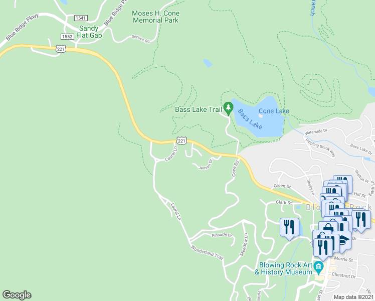 map of restaurants, bars, coffee shops, grocery stores, and more near 194 Caleb Drive in Blowing Rock