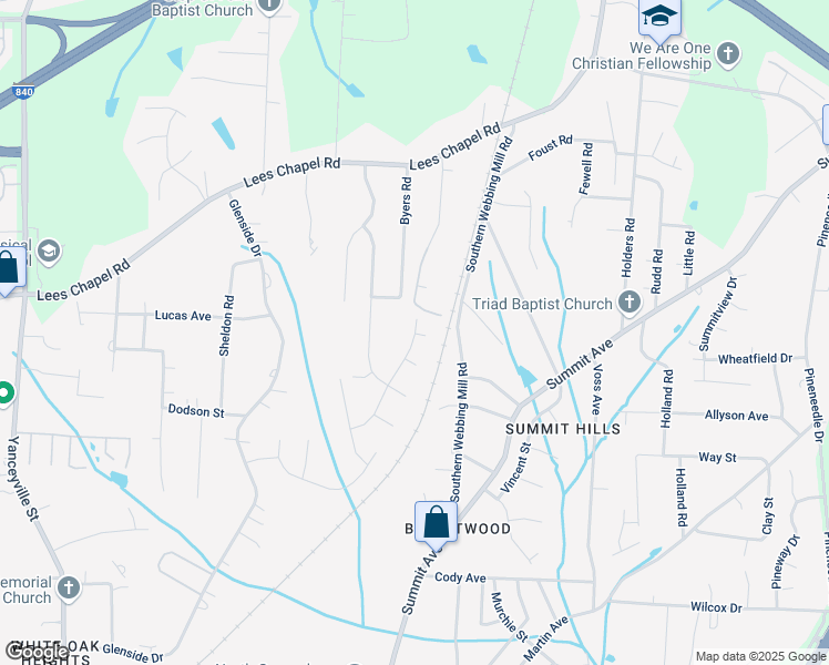 map of restaurants, bars, coffee shops, grocery stores, and more near 2051 Chapel Park Lane in Greensboro