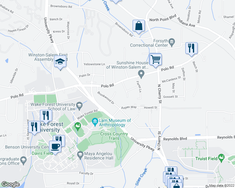 map of restaurants, bars, coffee shops, grocery stores, and more near 1445 Brookwood Drive in Winston-Salem