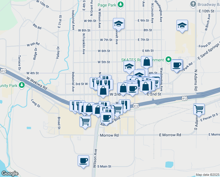 map of restaurants, bars, coffee shops, grocery stores, and more near 211 North Cleveland Avenue in Sand Springs