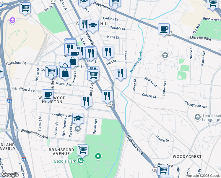 map of restaurants, bars, coffee shops, grocery stores, and more near 303 Carney Street in Nashville