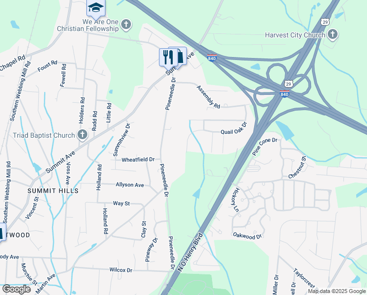 map of restaurants, bars, coffee shops, grocery stores, and more near 2705 Quail Oaks Drive in Greensboro