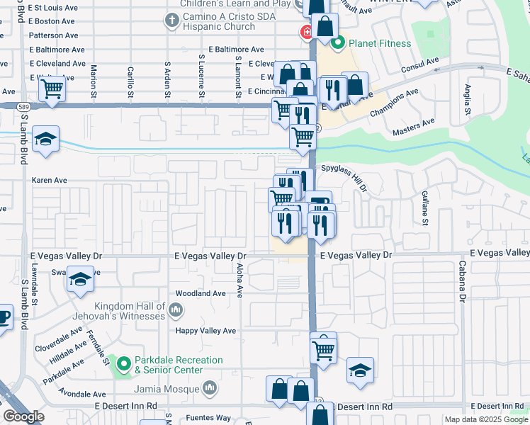 map of restaurants, bars, coffee shops, grocery stores, and more near 2725 South Nellis Boulevard in Las Vegas