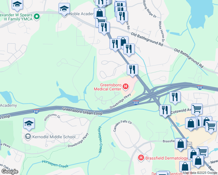 map of restaurants, bars, coffee shops, grocery stores, and more near 3520 Drawbridge Parkway in Greensboro
