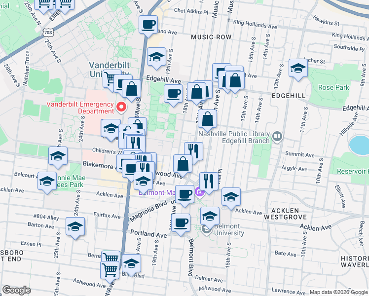 map of restaurants, bars, coffee shops, grocery stores, and more near 1504 18th Avenue South in Nashville