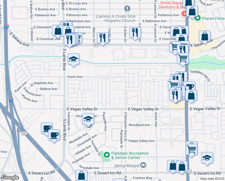 map of restaurants, bars, coffee shops, grocery stores, and more near 2763 Sidewinder Lane in Las Vegas