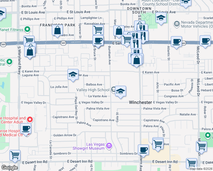 map of restaurants, bars, coffee shops, grocery stores, and more near 2765 Burnham Avenue in Las Vegas
