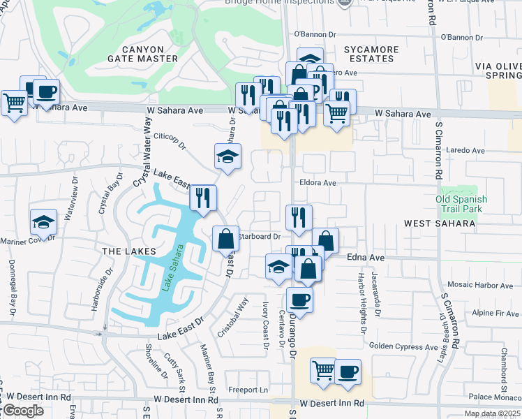map of restaurants, bars, coffee shops, grocery stores, and more near 8600 Starboard Drive in Las Vegas
