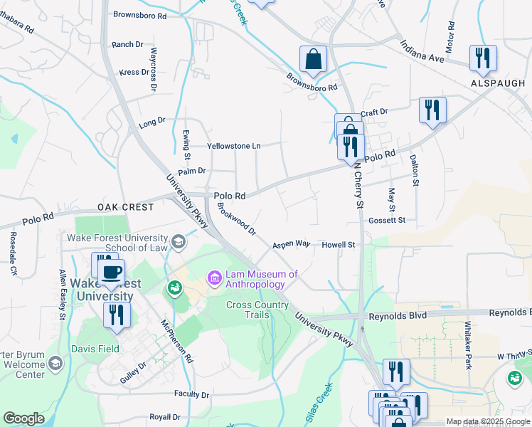 map of restaurants, bars, coffee shops, grocery stores, and more near 1449 Brookwood Drive in Winston-Salem