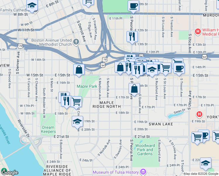 map of restaurants, bars, coffee shops, grocery stores, and more near 1535 South Norfolk Avenue in Tulsa