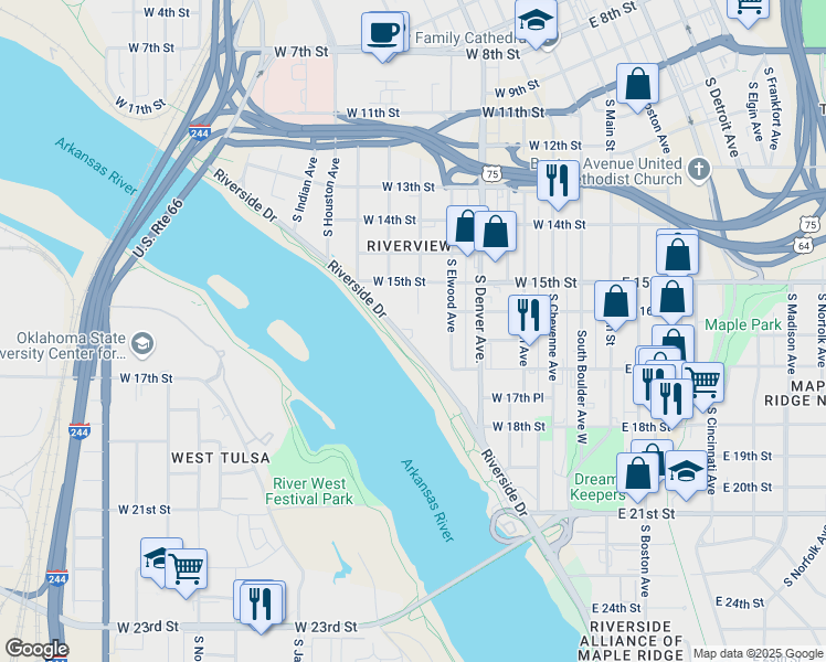 map of restaurants, bars, coffee shops, grocery stores, and more near 1563 Riverside Drive in Tulsa