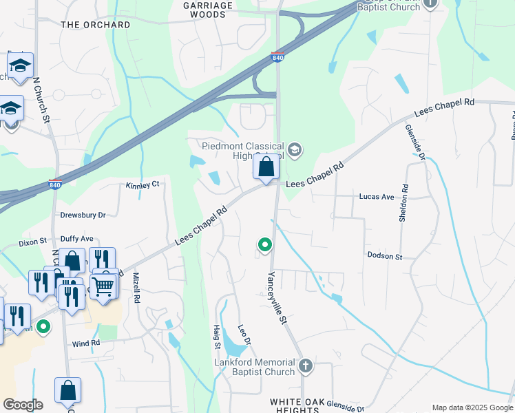 map of restaurants, bars, coffee shops, grocery stores, and more near 1372 Lees Chapel Road in Greensboro