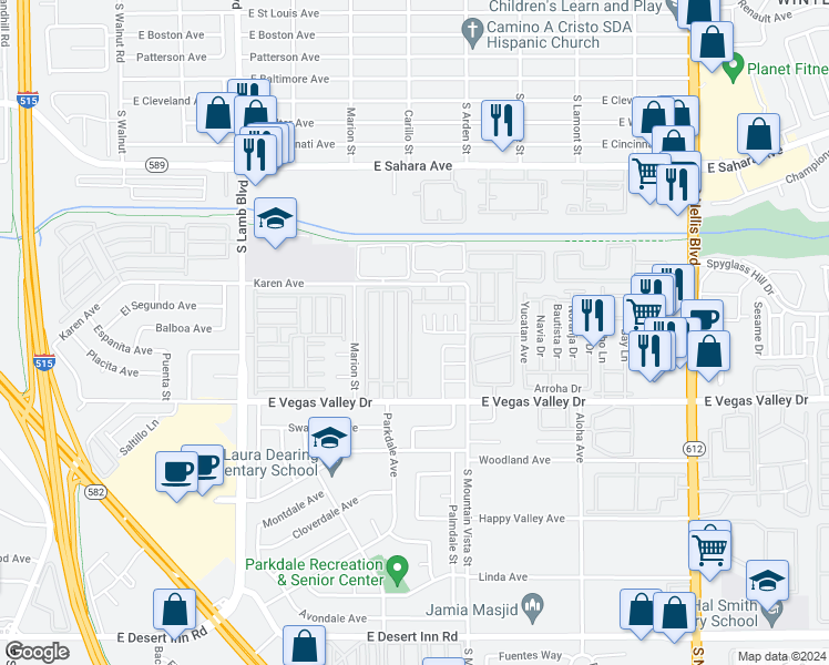 map of restaurants, bars, coffee shops, grocery stores, and more near 2785 Twistingbow Lane in Las Vegas