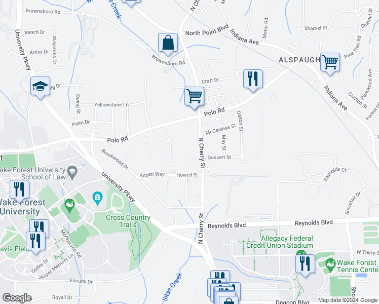 map of restaurants, bars, coffee shops, grocery stores, and more near 3810 Cherry Street in Winston-Salem
