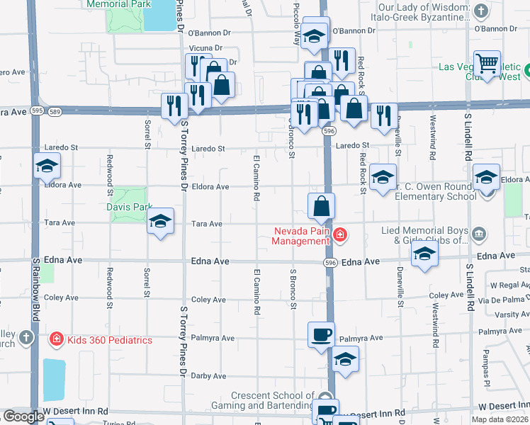 map of restaurants, bars, coffee shops, grocery stores, and more near 6235 Eldora Avenue in Las Vegas