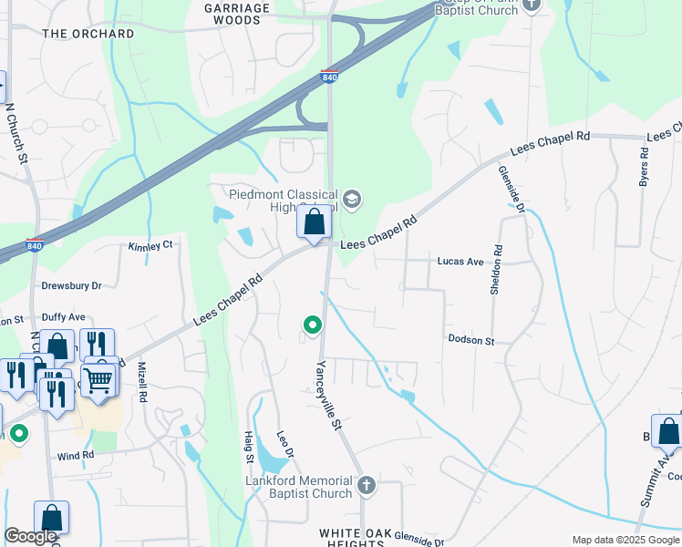 map of restaurants, bars, coffee shops, grocery stores, and more near in Greensboro