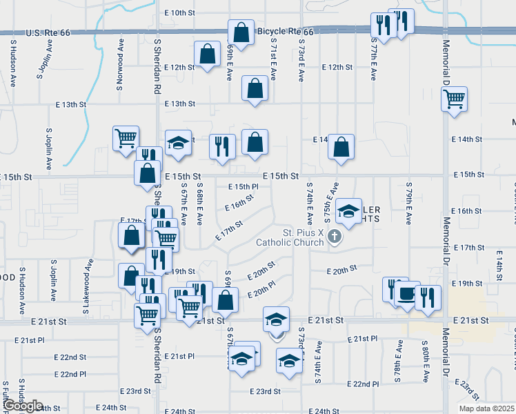 map of restaurants, bars, coffee shops, grocery stores, and more near 6963 East 17th Street in Tulsa