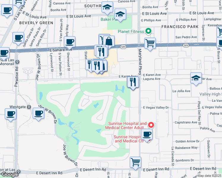 map of restaurants, bars, coffee shops, grocery stores, and more near 1174 Vegas Valley Dr in Las Vegas