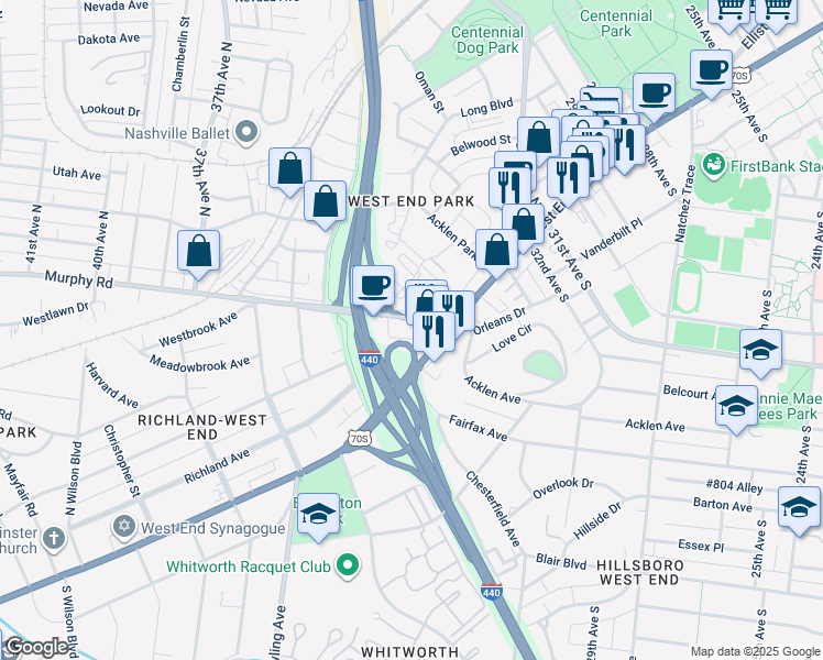 map of restaurants, bars, coffee shops, grocery stores, and more near 3431 Murphy Road in Nashville
