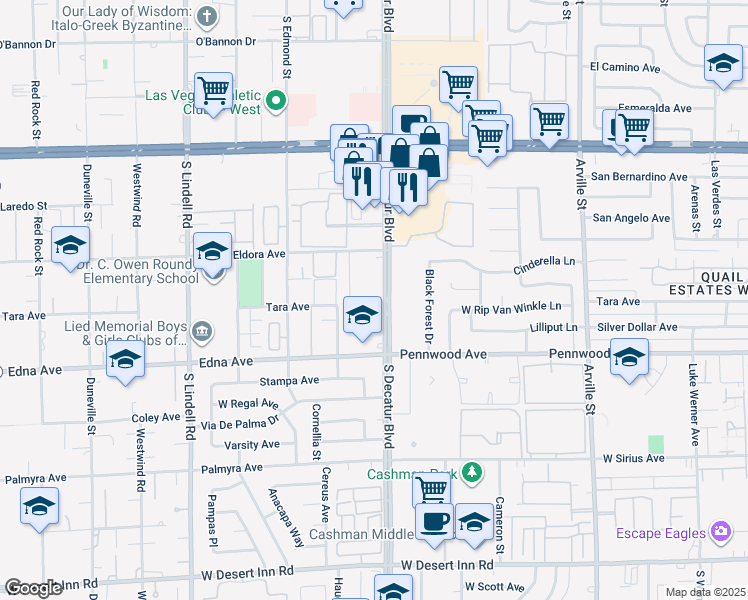 map of restaurants, bars, coffee shops, grocery stores, and more near 2772 Eldora Circle in Las Vegas