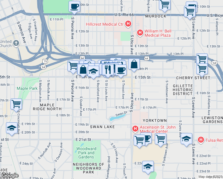 map of restaurants, bars, coffee shops, grocery stores, and more near 1540 East 16th Street in Tulsa