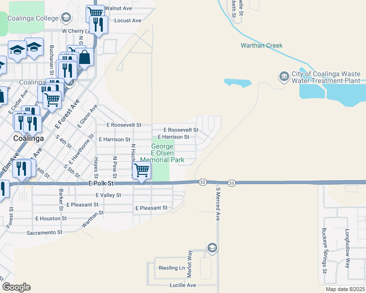 map of restaurants, bars, coffee shops, grocery stores, and more near 540 East Sullivan Street in Coalinga