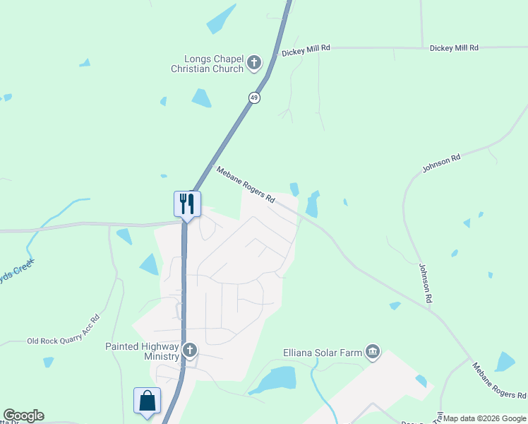 map of restaurants, bars, coffee shops, grocery stores, and more near 2511 Mebane Rogers Road in Burlington