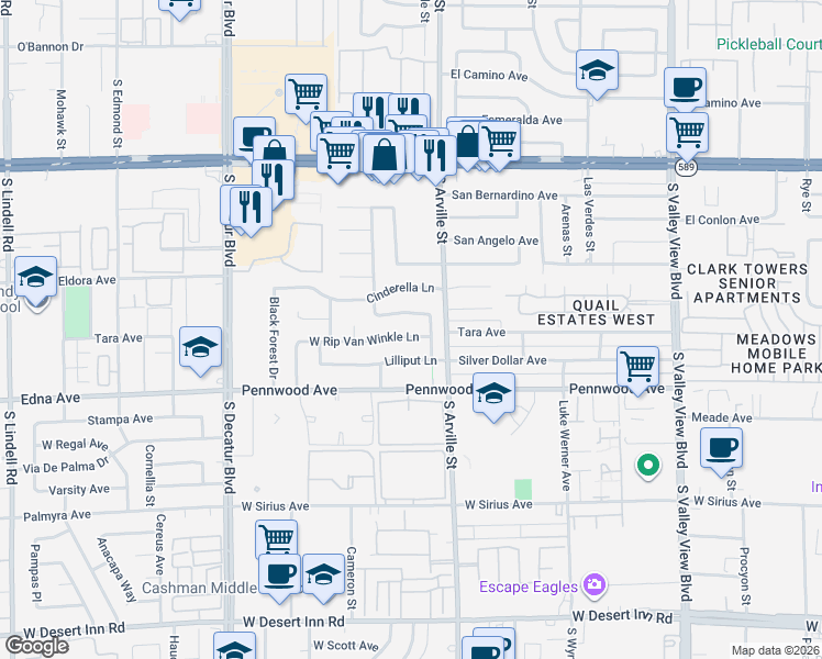 map of restaurants, bars, coffee shops, grocery stores, and more near 4416 West Rip Van Winkle Lane in Las Vegas