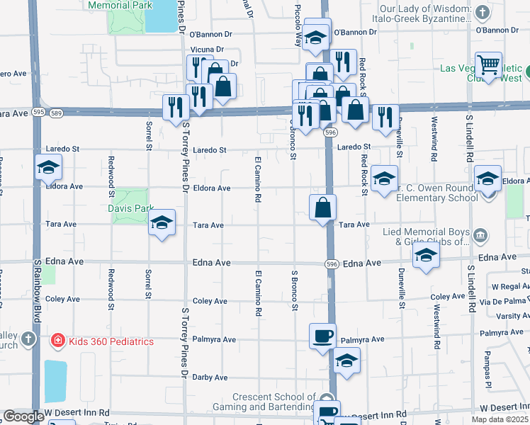 map of restaurants, bars, coffee shops, grocery stores, and more near 2780 El Camino Road in Las Vegas