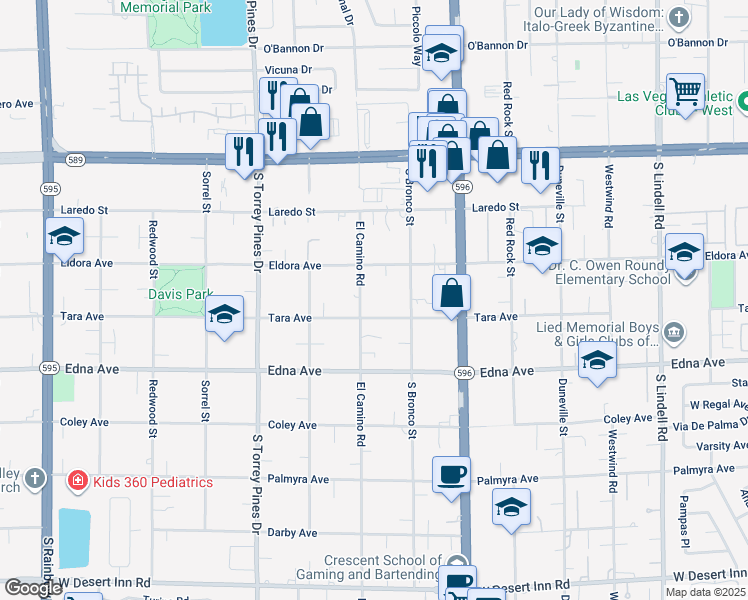 map of restaurants, bars, coffee shops, grocery stores, and more near 2780 El Camino Road in Las Vegas
