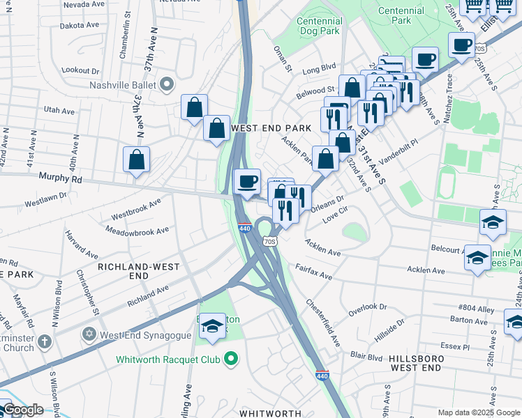 map of restaurants, bars, coffee shops, grocery stores, and more near 100 Murphy Court in Nashville