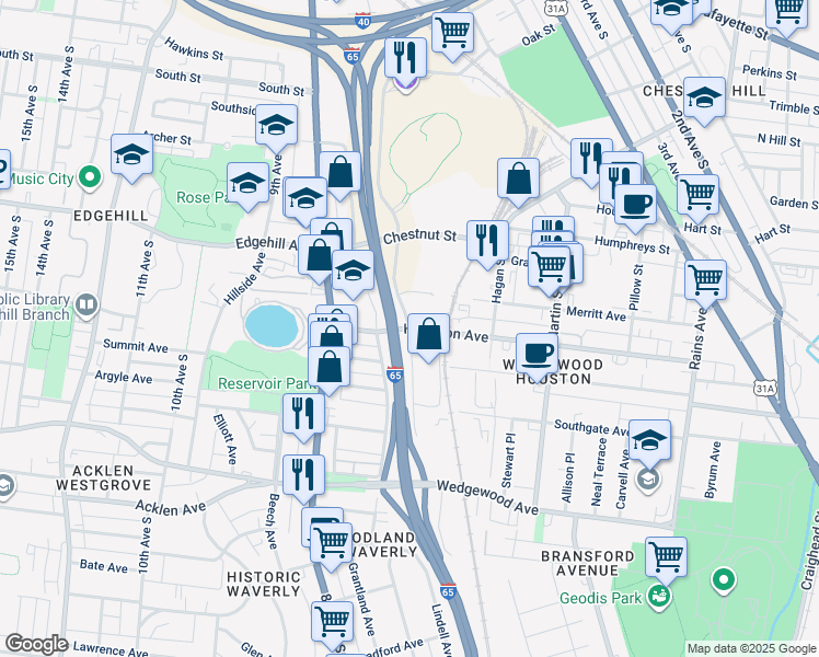 map of restaurants, bars, coffee shops, grocery stores, and more near 1401 Fort Negley Boulevard in Nashville