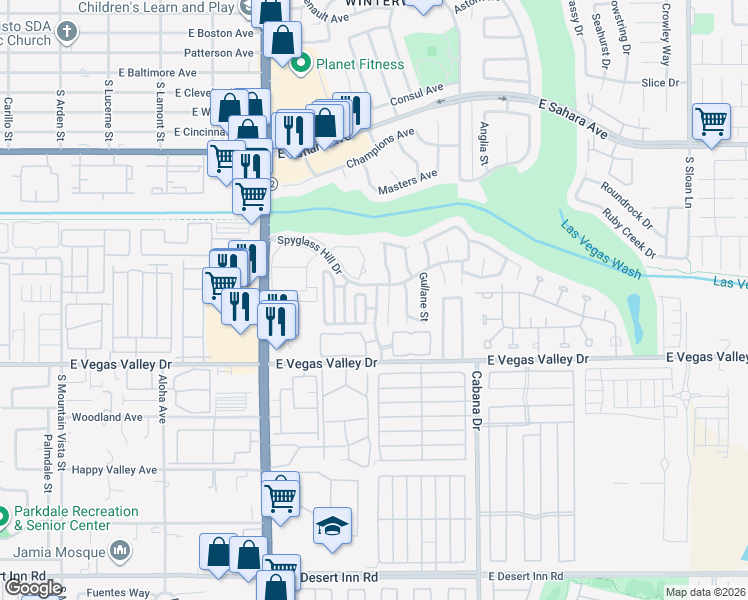 map of restaurants, bars, coffee shops, grocery stores, and more near 2725 Rungsted Street in Las Vegas