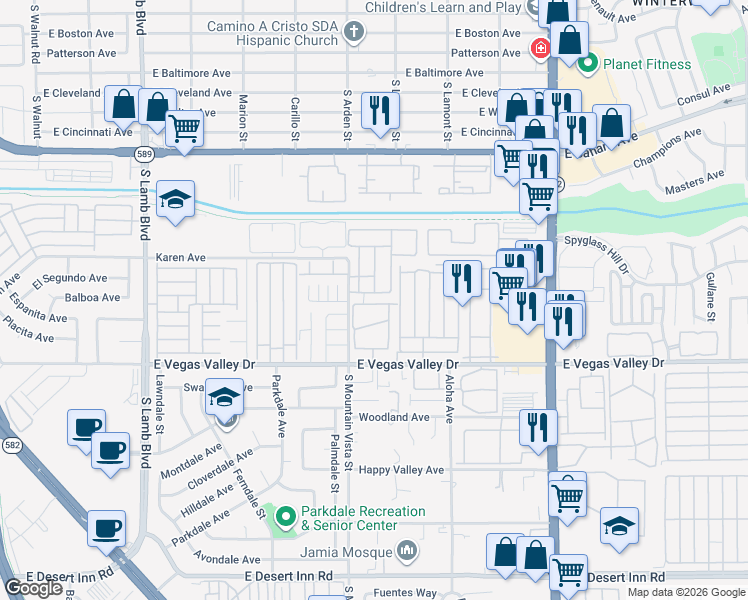 map of restaurants, bars, coffee shops, grocery stores, and more near 4670 Amberleigh Lane in Las Vegas
