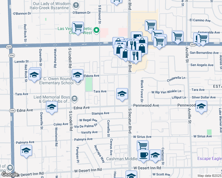 map of restaurants, bars, coffee shops, grocery stores, and more near 5070 Tara Avenue in Las Vegas