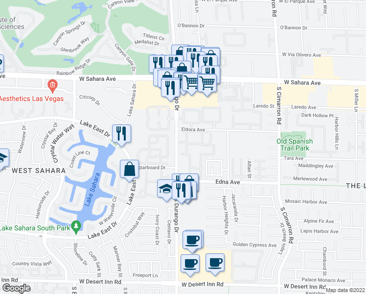 map of restaurants, bars, coffee shops, grocery stores, and more near 2750 South Durango Drive in Las Vegas