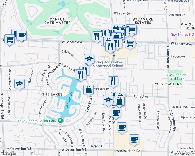 map of restaurants, bars, coffee shops, grocery stores, and more near 8600 Starboard Drive in Las Vegas