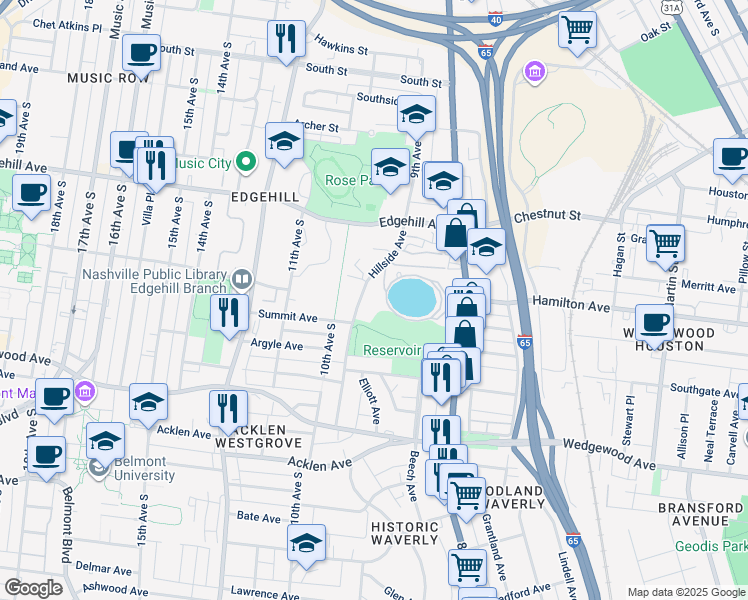 map of restaurants, bars, coffee shops, grocery stores, and more near 1486 Hillside Avenue in Nashville