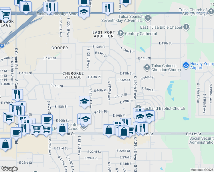 map of restaurants, bars, coffee shops, grocery stores, and more near 1535 South 124th East Avenue in Tulsa