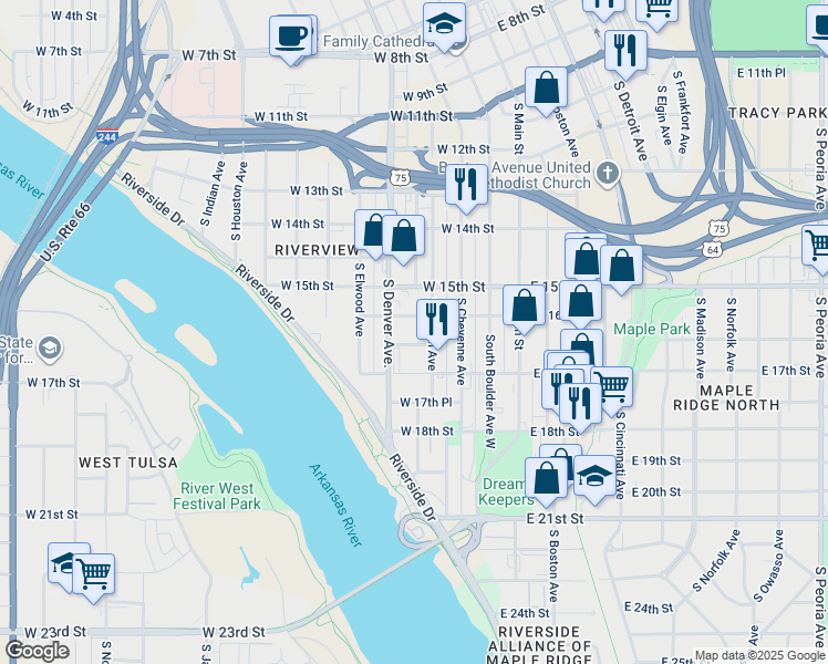 map of restaurants, bars, coffee shops, grocery stores, and more near 1606 South Carson Avenue in Tulsa