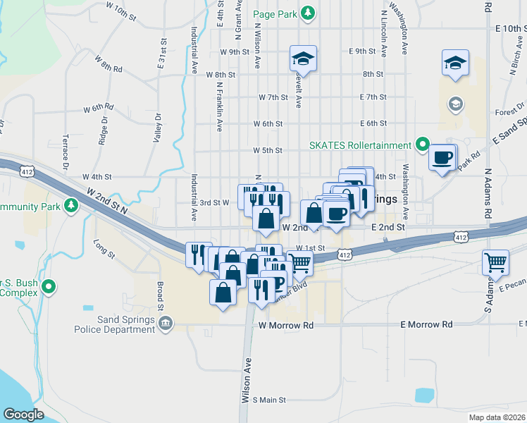 map of restaurants, bars, coffee shops, grocery stores, and more near 224 North Wilson Avenue in Sand Springs