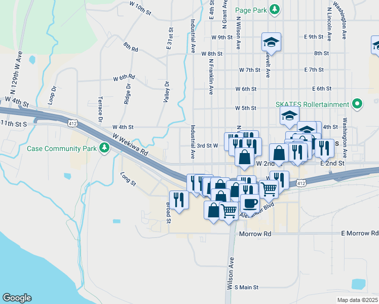 map of restaurants, bars, coffee shops, grocery stores, and more near 217 North Walnut Avenue in Sand Springs